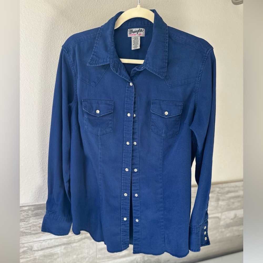 VTG Wrangler Western Pearl-Snap Button Down Dark Indigo Blue Denim Shirt, Navy